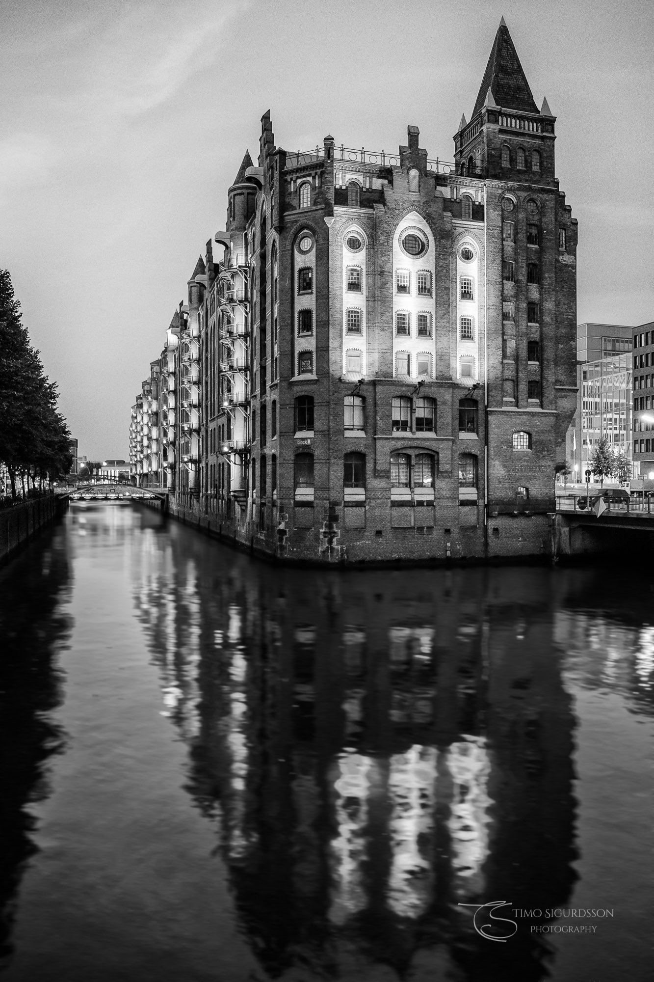 Speicherstadt, Hamburg, Germany. Black and white reflection in water.