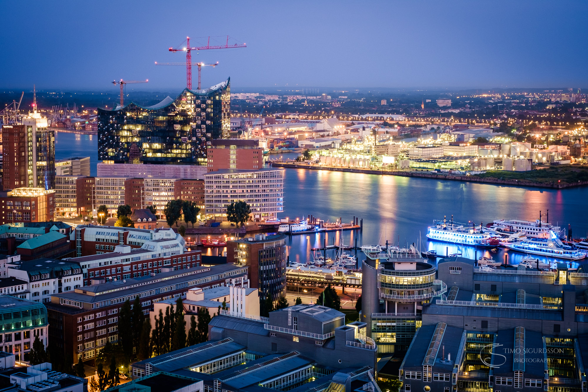 Hamburg, Germany. Port and Elbphilharmonie at dusk.