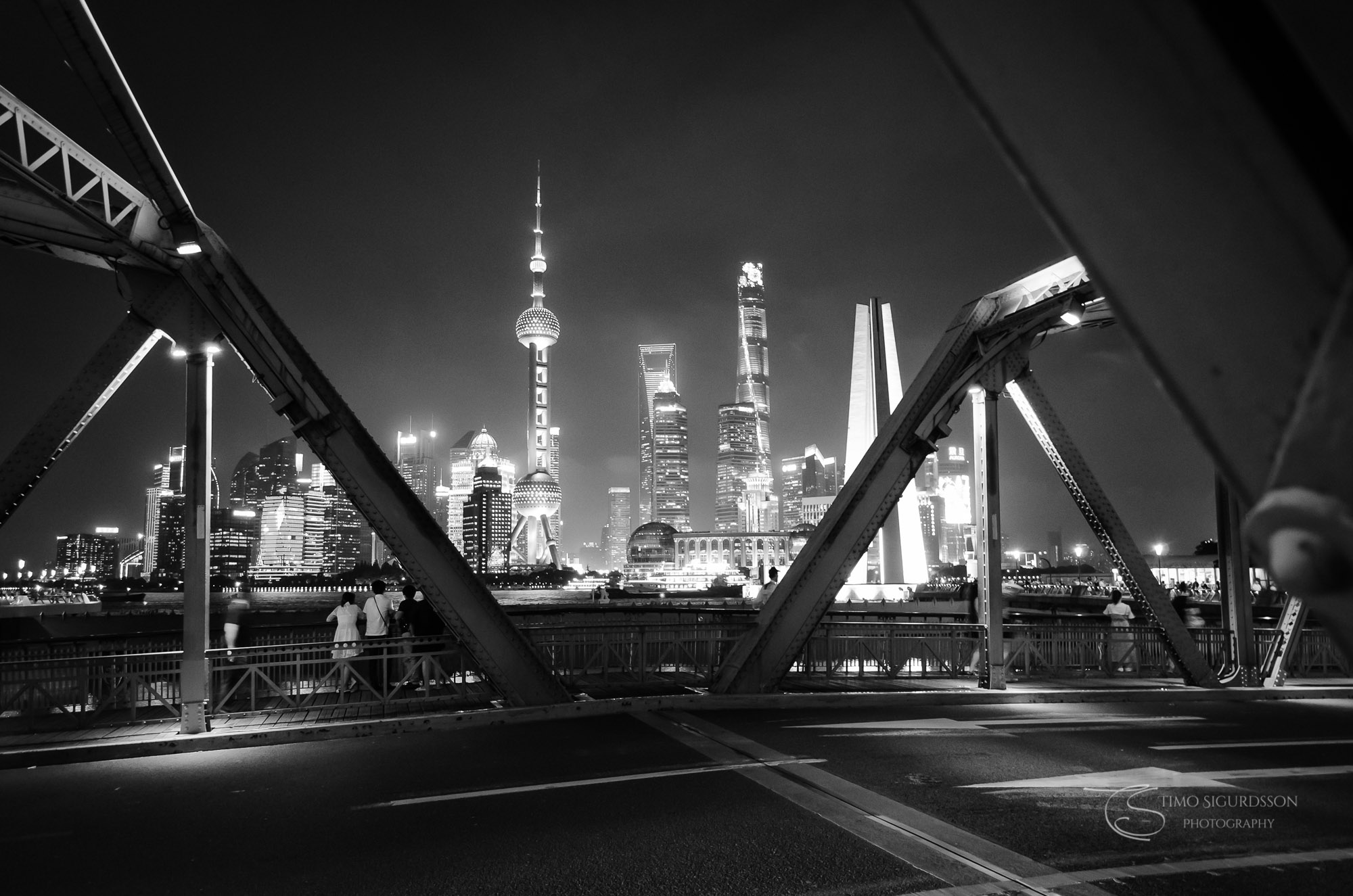 Shanghai, China. Pudong skyline from Waibaidu Bridge at night.