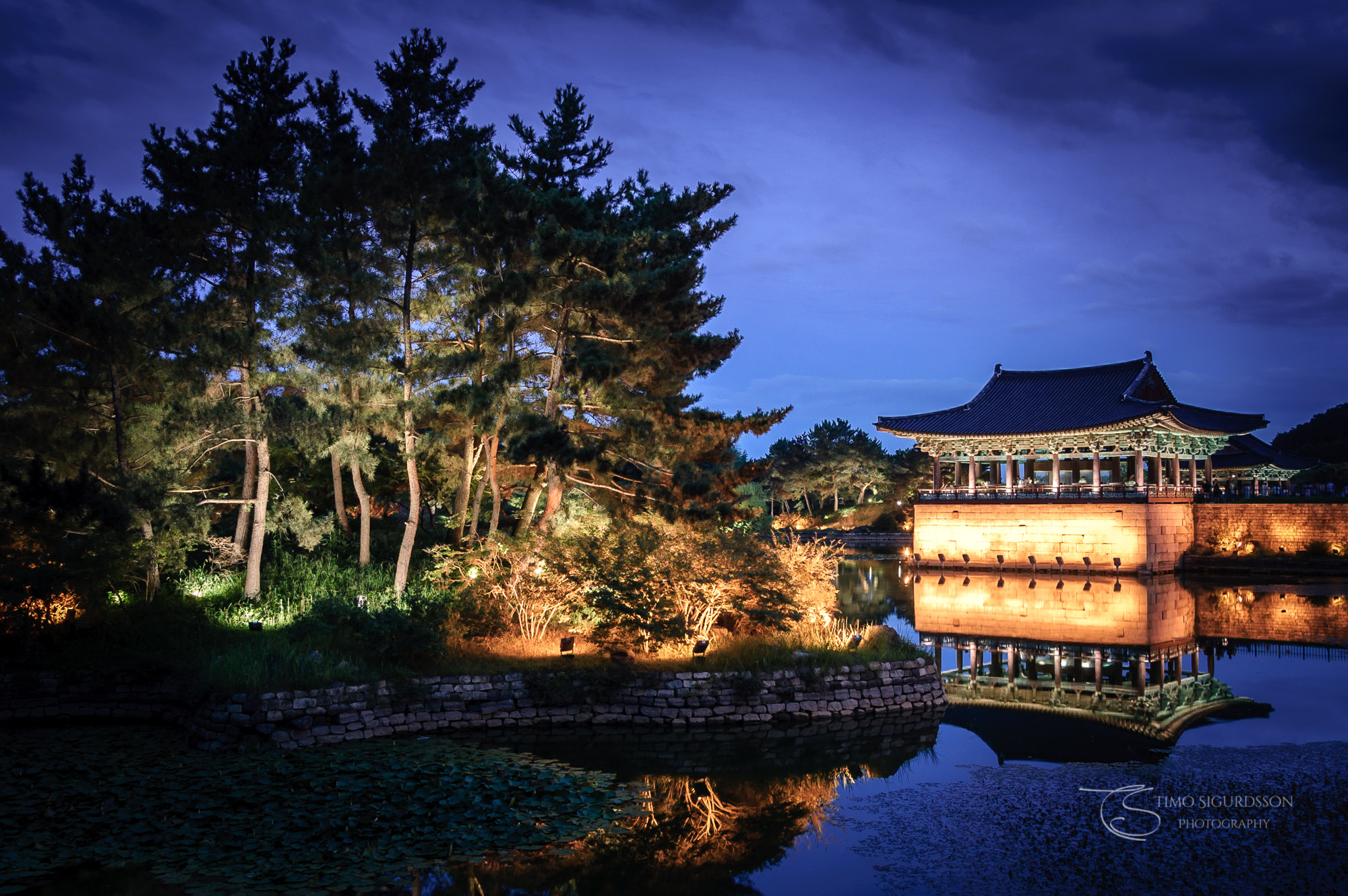 Anapji Pond, Gyeongju, South Korea. Palace reflection at night.